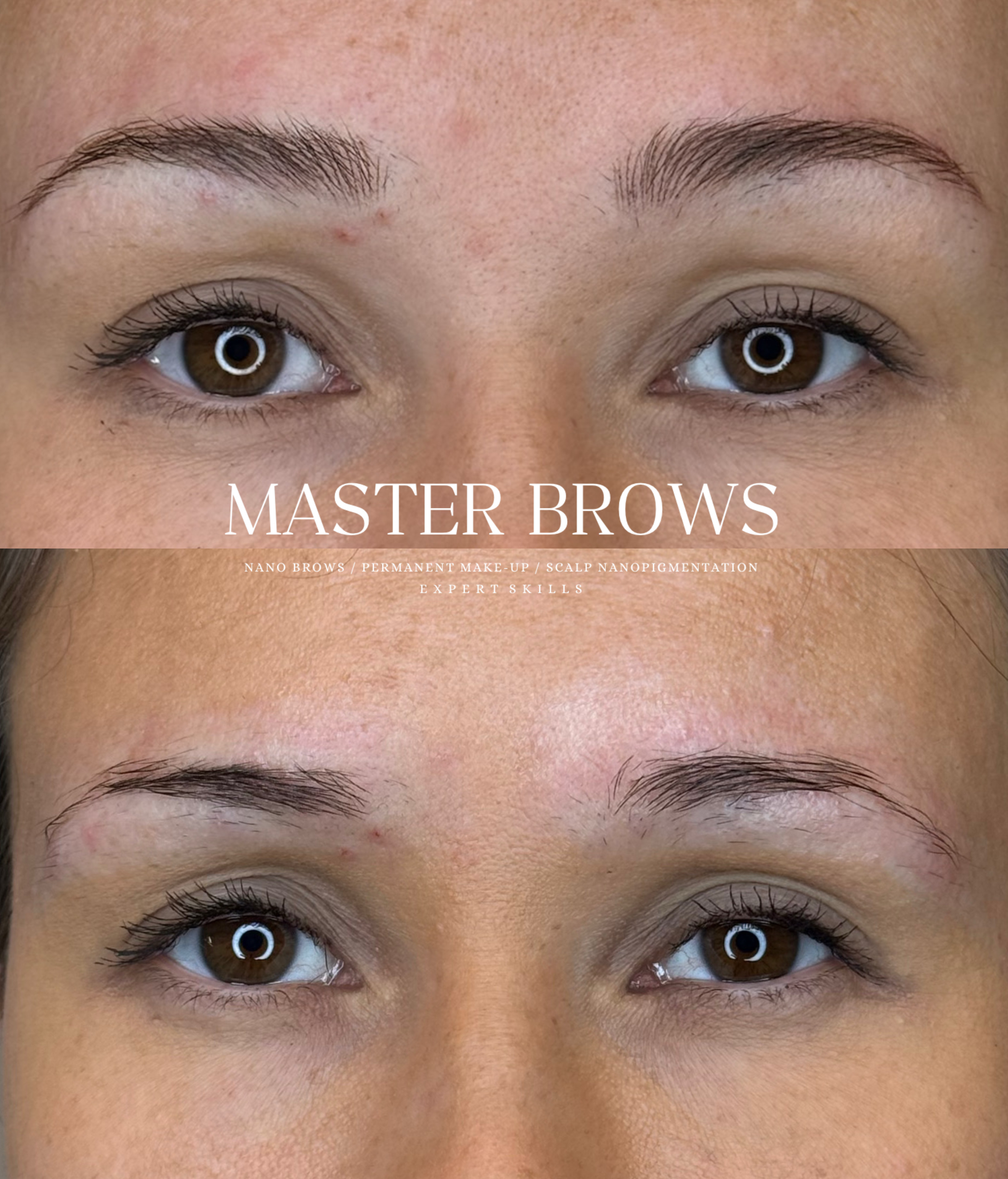 Master Brows ursprungliga jämförelsebild av Nano Brows med två vyer av samma bryn